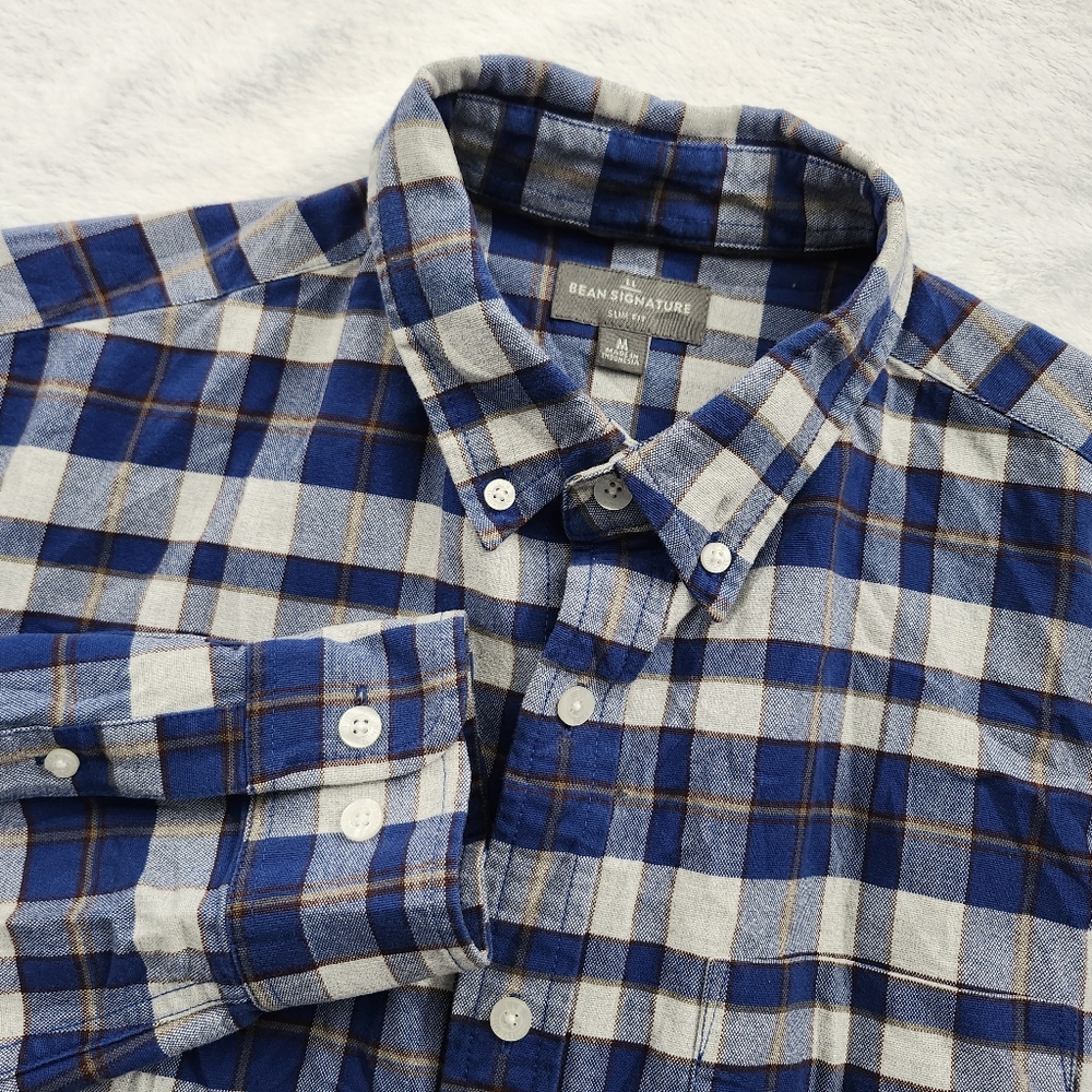 L.L. BEAN Signature Slim Fit Oxford Shirt Untucked Fit Blue White Plaid‎ Medium